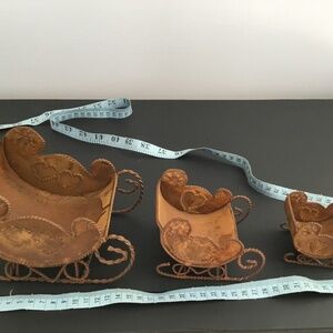 Sleigh set of 3, tabletop, Santa sled decor heart punch brown tone metal